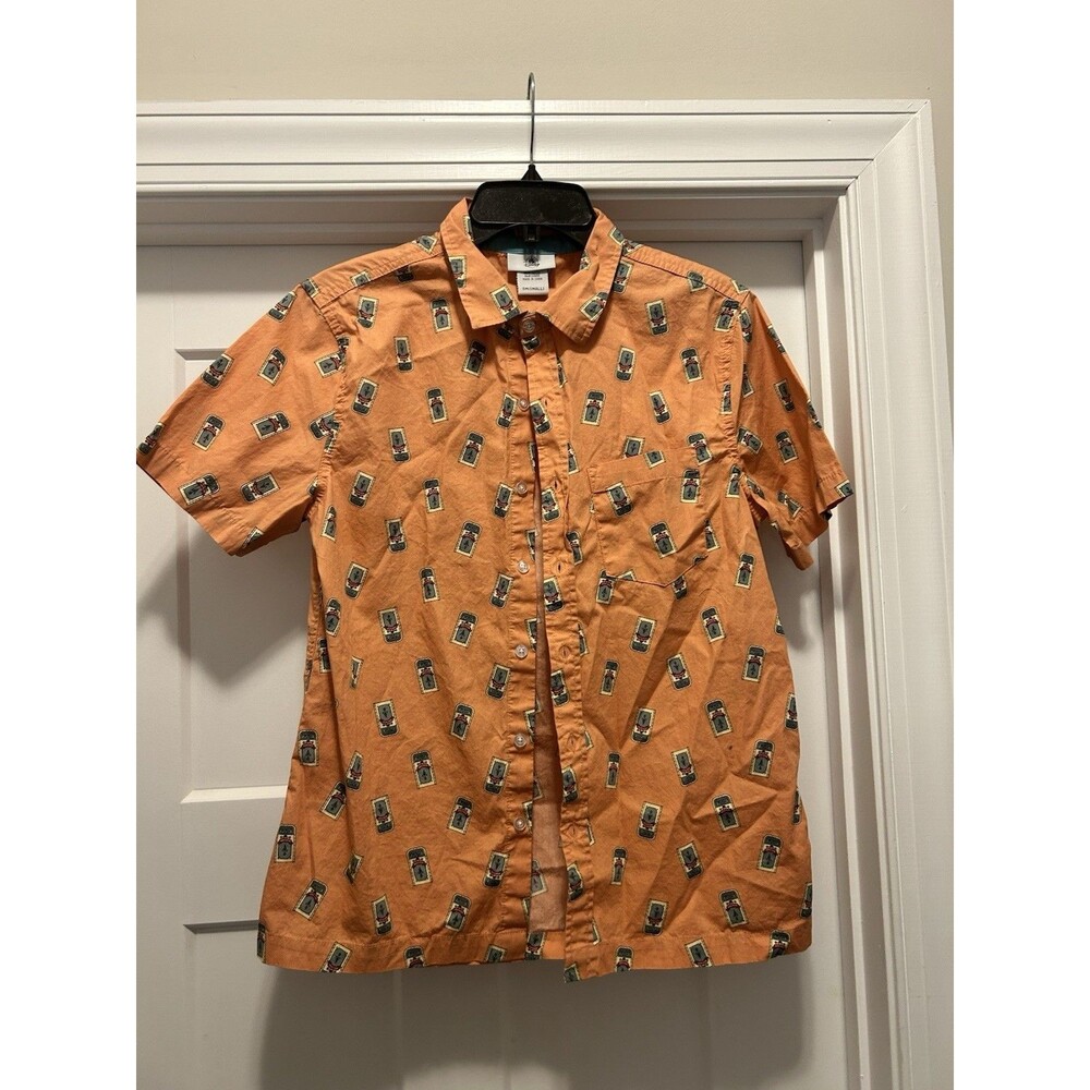 Disney Parks Trash Cans Button Up Shirt Size Men Small Peach Coral Woven Cotton